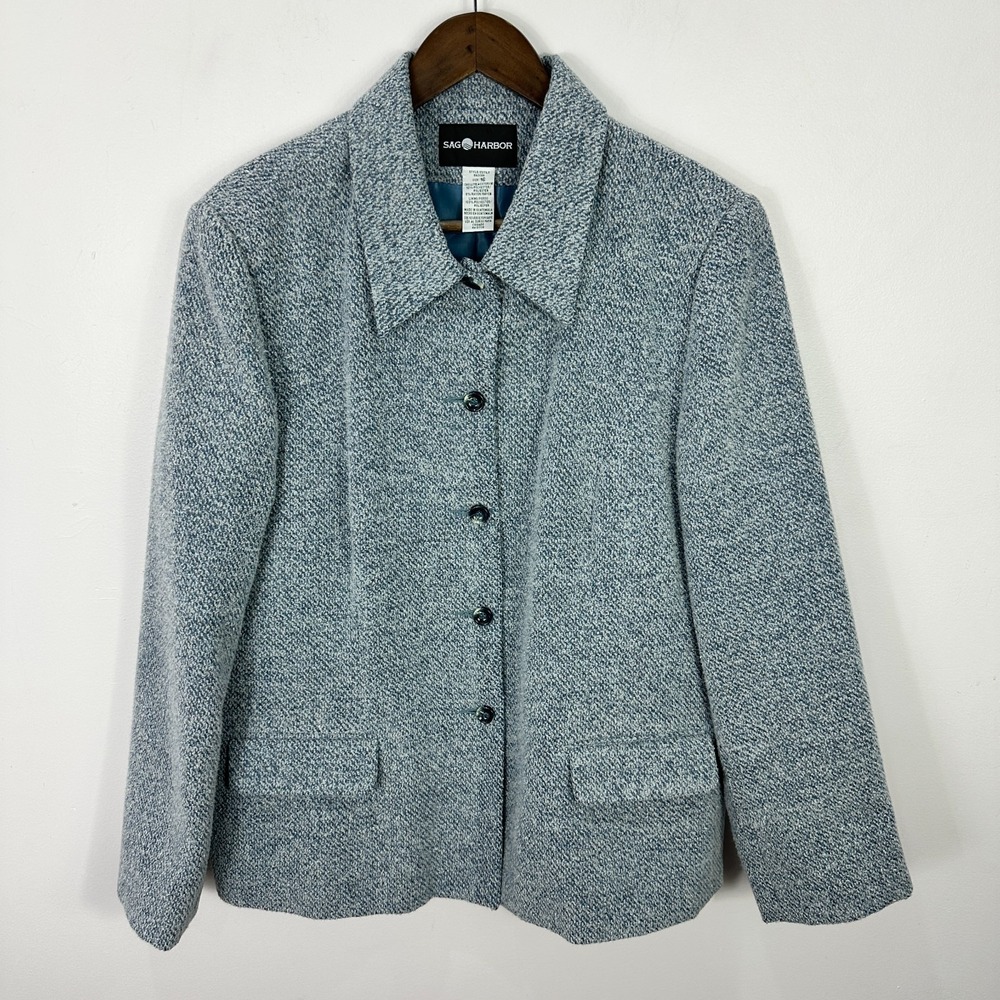 Sag Harbor Blazer 16 Blue Tweed Button Front Lined Quiet Luxury Career Jacket